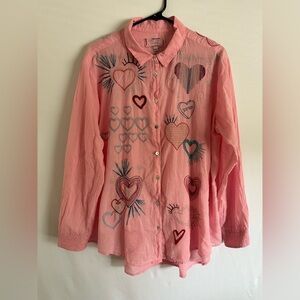 Johnny Was Workshop Top Sz L Pink Multi Color Embroid Hearts 100% Cotton Poly